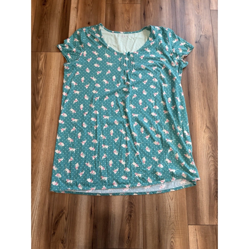 LAURA SCOTT XXL Womens Short Sleeve Pajama Nightgown CAT‎ PRINT Green Nighty